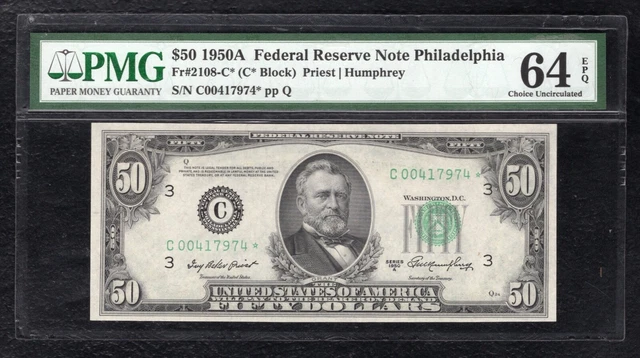 Fr.2108-C* 1950-A $50 *Star* Federal Reserve Note Philadelphia, Pa Pmg Unc-64Epq