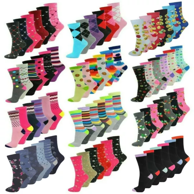 Ladies Womens Coloured Design Socks Cotton Blend Designer Adults 6 Pairs  4-7