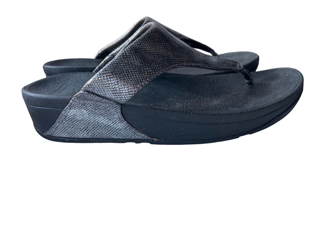 FitFlop Womens LuLu Shimmer Toe-Thong Sandals Size 7 Black Leather Comfort