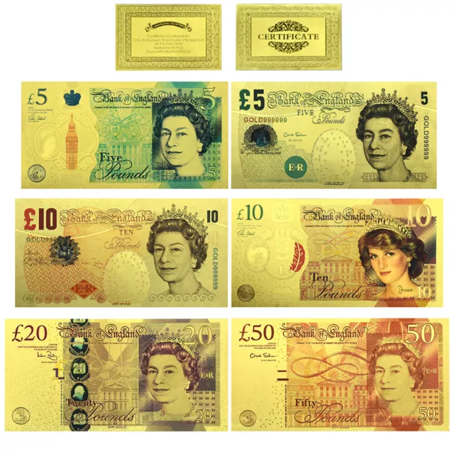 6pc British Elizabeth II 5/10/20/50 Pounds Gold Foil Banknotes Crafts Collection