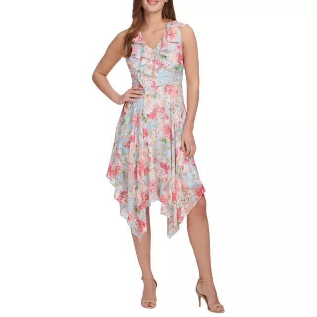 KENSIE NEW Women's Sky Multi Floral-burnout Handkerchief-hem A-Line Dress 0 TEDO