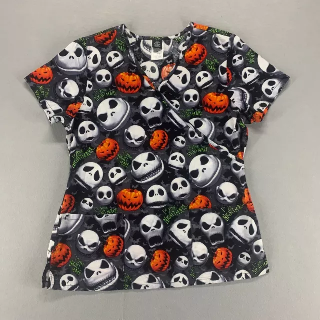 Disney Scrub Top Womens Medium Gray Nightmare Before Christmas Halloween Pumpkin