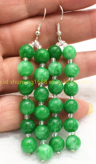 Modeschmuck 8mm Natural Grün Jade Runde Edelstein Dangle Silber Haken Ohrringe