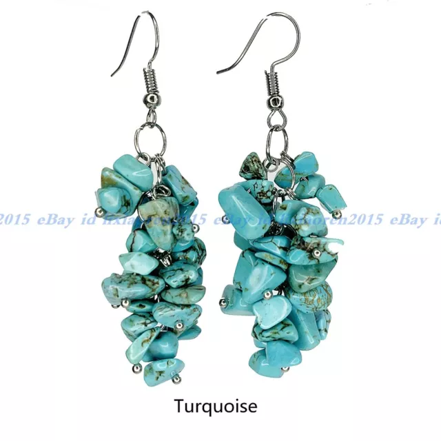 Natural Multiple Gemstone Chip Gravel Nugget Beads Dangle Silver Hook Earrings