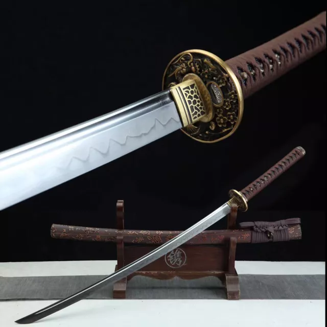 Dragon Clay Tempered T10 Steel Brown Japanese Samurai Sword Katana Real Hamon