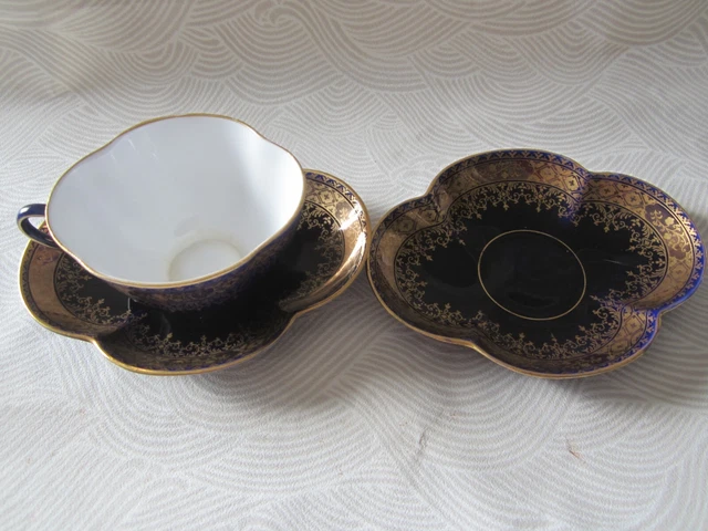 Ancienne tasse à café porcelaine Sarreguemines + 2 soucoupes 1890 bleu de four
