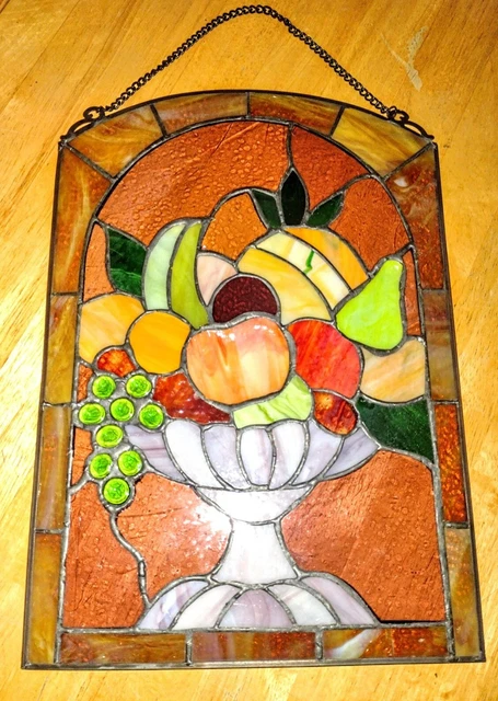 Vintage Stained Slag Glass Window Art Hanging Panel Fruit Bowl 3 Dimensional