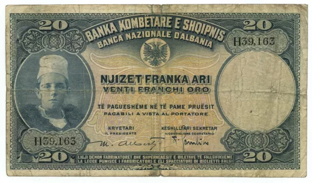 20 Franchi Oro Banca Nazionale D'albania Protettorato Febbraio 1926 Mb/Bb