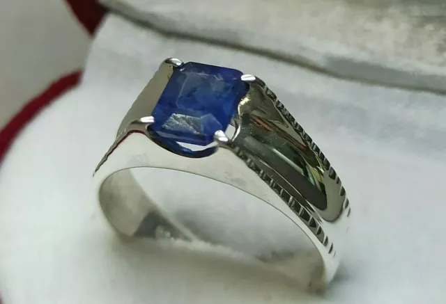 Natural 2 Ct Emerald Cut Blue Sapphire Sterling Silver 925 Handmade Women Ring