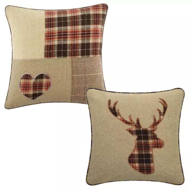 Tartan Check Brown & Latte 18 inch Cushion Cover in Highland Stag or Heart