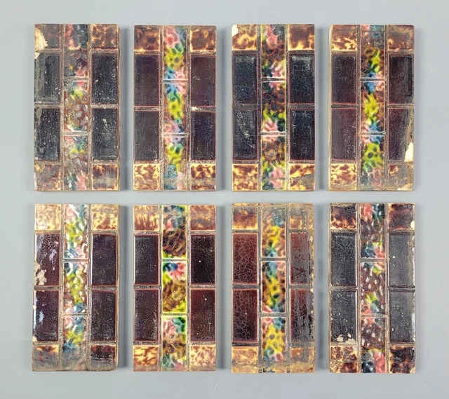 Eight Antique Victorian Polychrome Mosaic Ceramic Tiles