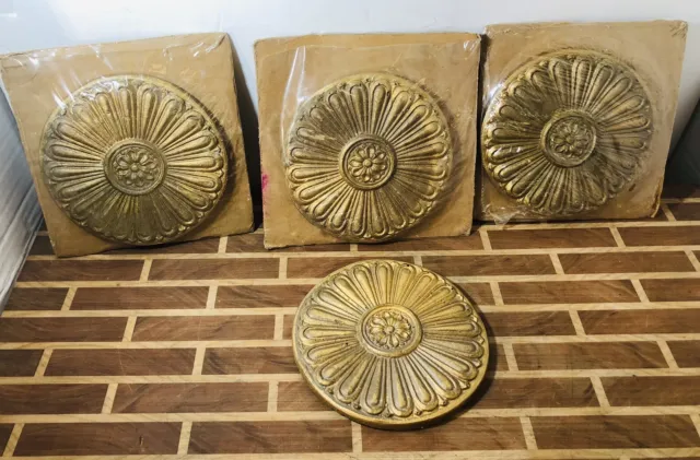 4 Round 4.5" Medallion Gold Gilt Home Wall Furniture Accent Floral Raised Detail