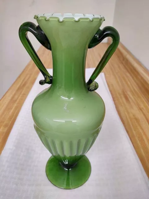 Vtg. cased glass vase; Italian? green/white, large, two handled.