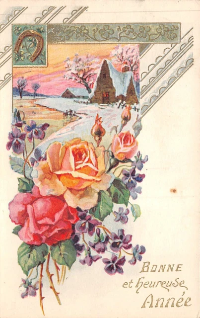 Cartolina Fantasia, Buona E Felice Anno, Paysage D'Hiver E Mazzolino Da Rosa