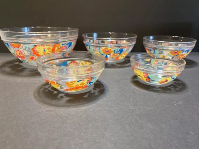 Vintage Glass Nesting Prep Bowls Flower Pattern Design Colorful Retro Set Of 5