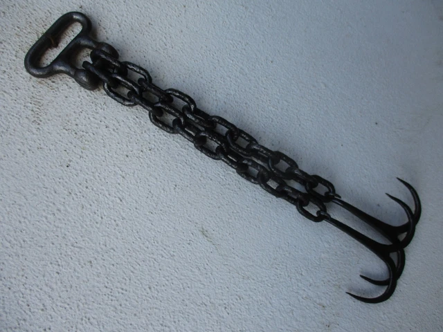 Antique Wrought Iron 2 Double Hook With Chain Hanging Kitchen Rustic Farm Tool 10
