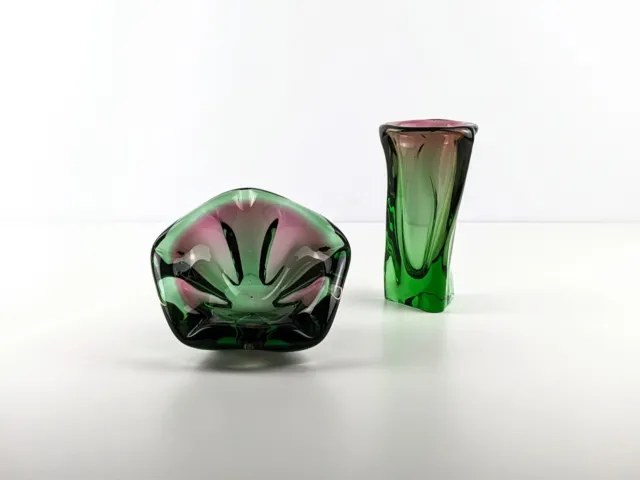 Czech Green Purple Art Glass Vase & Bowl, Frantisek Zemek, Chribska, Sklo Union