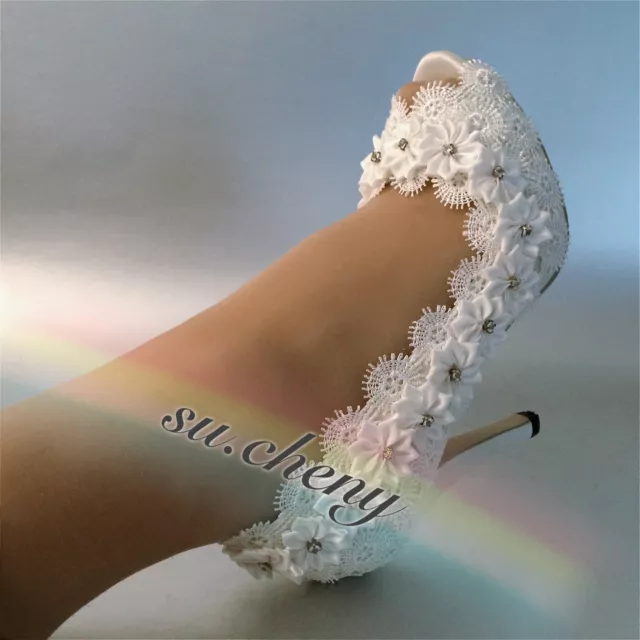 su.cheny- 3" 4” heel white ivory satin lace ribbon open toe