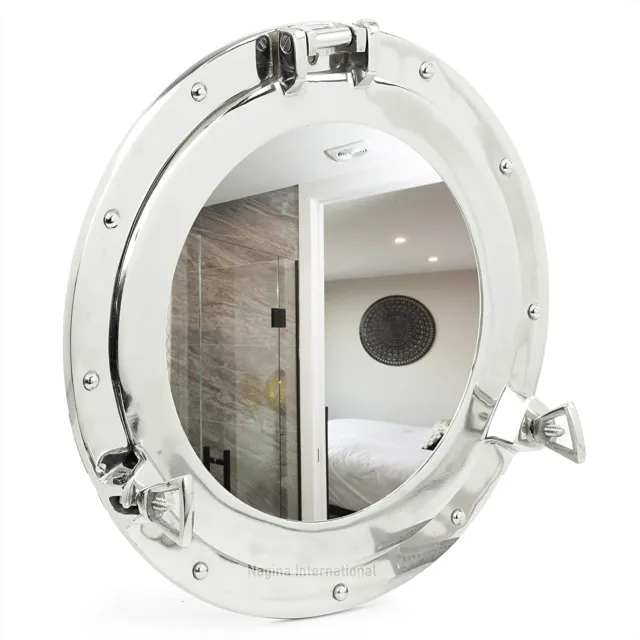 Ships Porthole Mirror in Polished Aluminium Silver Metal Nautical Sailing 15"