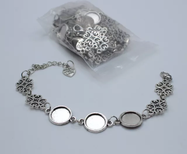 10 BRAZALETE DE METAL PLATEADO En blanco Forma 3 Almohadillas redondas 15mm (aproximadamente 5/8") Eslabones de cadena