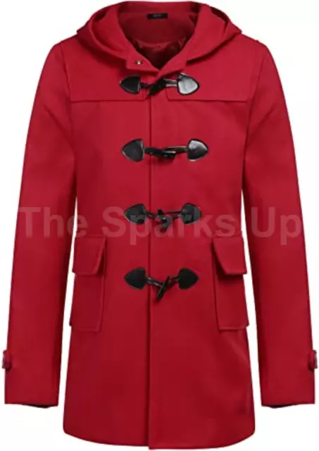 Mens Duffle Hooded Long Coat Classic Winter Outerwear Red Overcoat Jacket