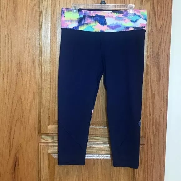 Victorias Secret Knockout Crop VSX Sport Yoga Capri Womens Large Navy Watercolor