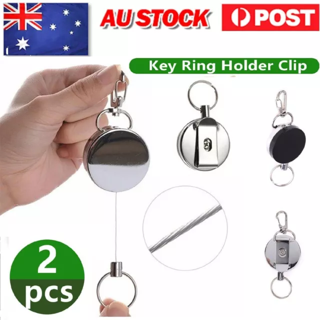 2 Recoil Key Ring Retractable Chain ID Pull Holder Reel Belt Clip Extend Keyring