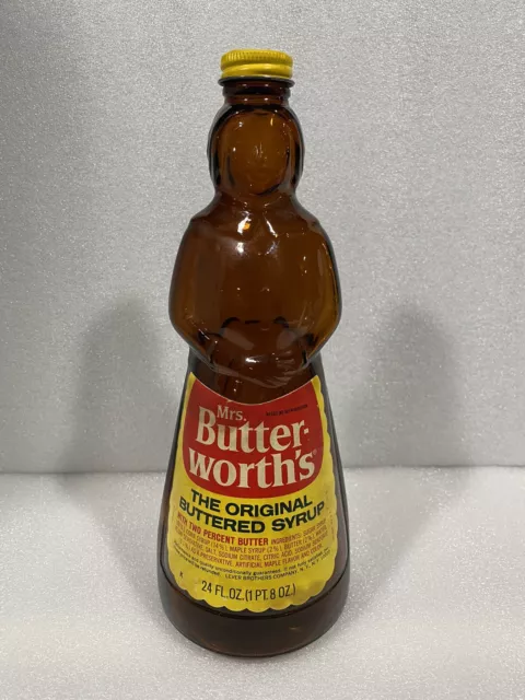 Vtg Mrs. Butterworth's Amber Glass 24 oz Syrup Bottle w/ Metal Cap & Label Notch