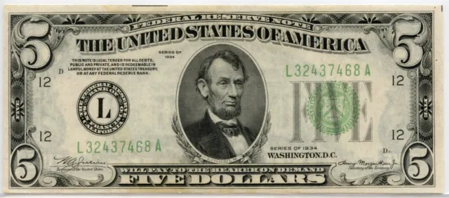 1934 $5 Federal Reserve Note CHCU FR#1955-L, Light Green Seal, discoloration