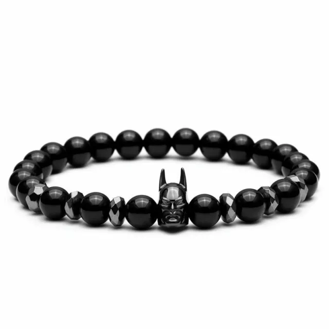 Mens Batman 8mm Black Obsidian Agate Hematite Gemstone Beaded Bracelets Jewelry