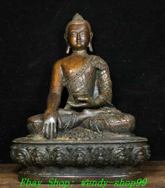 8" Old Chinese Bronze Seat Lotus Shakyamuni Sakyamuni Amitabha Buddha Statue