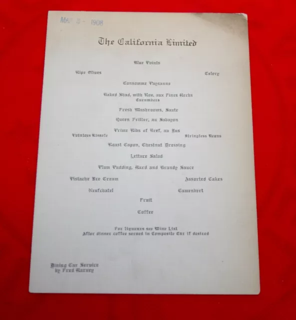 March 3, 1908 - ATSF The California Limited Fred Harvey Dining Car Menu