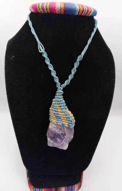 Peruvian Necklace Woven in Macrame Thread and Amethyst Natural Stone