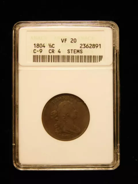 1804 Draped Bust Half Cent - Crosslet 4 with Stems - ANACS VF20