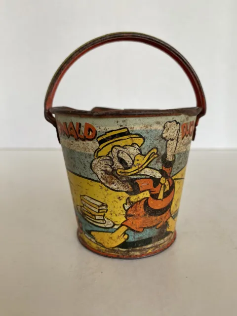 Vintage 1939 Disney Muscle Beach Donald Duck Toy Sand Pail By Ohio Art