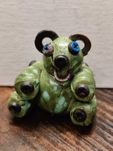 Handmade Clay Green Bear Figurine Folk Art 2.5"H