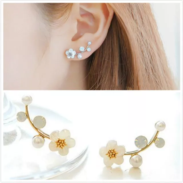 New Women Fashion Crystal Rhinestone Pearl Earrings Lady Flower Ear Stud Jewelry 2