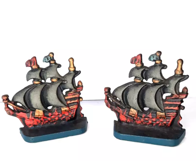 Vtg Pair Of Cast Iron Painted Pirate Clipper Ship Nautical Bookends Door Stop