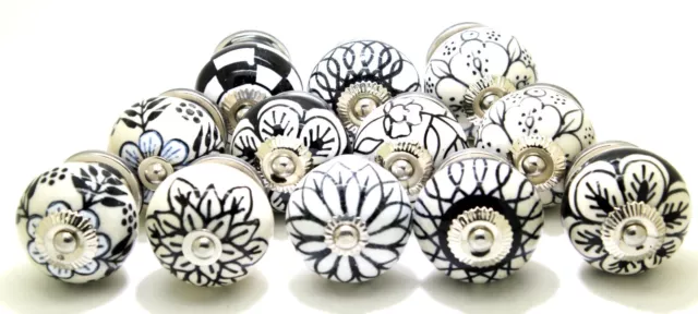 12 X White And Black Hand Painted Ceramic Round Door Knobs, Cabinet Drawer Pull
