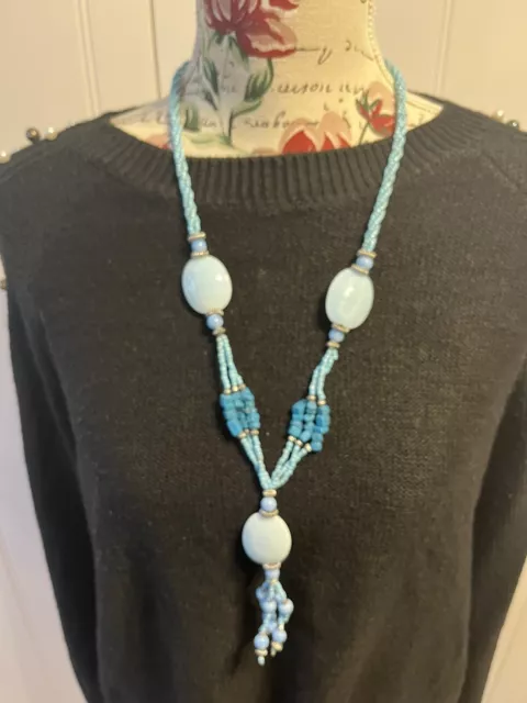 Turquoise Blue Tassel Beaded Necklace Boho Y Drop￼