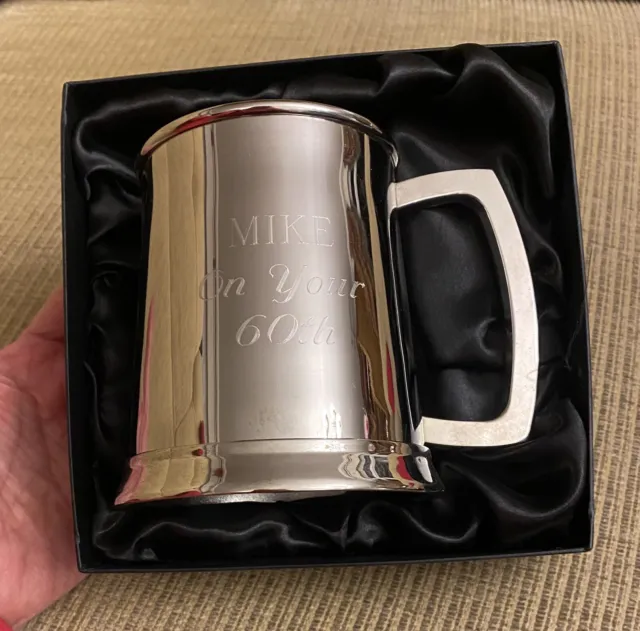 Timpson Stainless Steel 1 Pint Tankard in a Silk Box “MIKE On Your 60th”