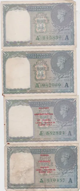 FOUR INDIA ONE RUPEE 1940 BANKNOTES IN FINE TO VERY FINE CONDITION P45b & P45d