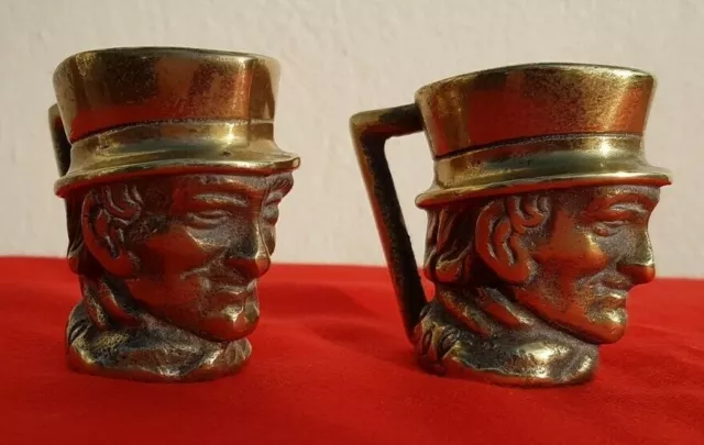 Quality Pair Of 2 Solid Brass Small Toby Jug Tankard's Signed John Peel Pitcher