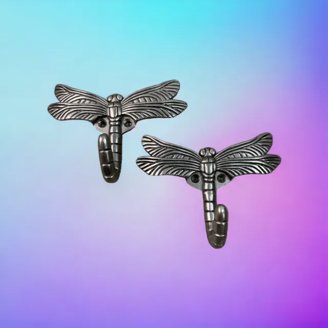 Wall Mounted Dragonfly Key Holder Coat Hanger Hooks Lot of 2 Brushed Metal