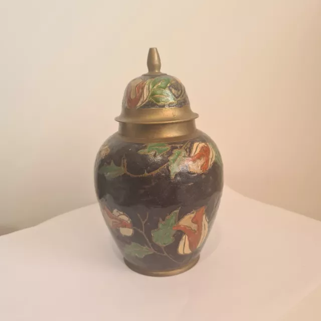 Chinese Hand Painted Cloisonné Metal Floral Ginger Jar 15cm Tall With Lid Brass 3