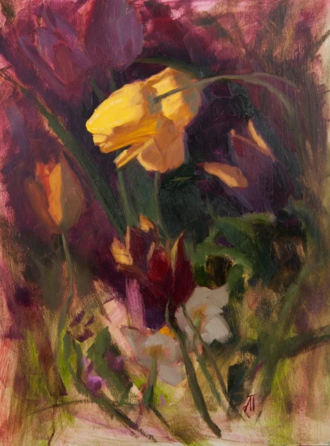 Pittura a olio floreale originale di natura morta, composizione di fiori -...
