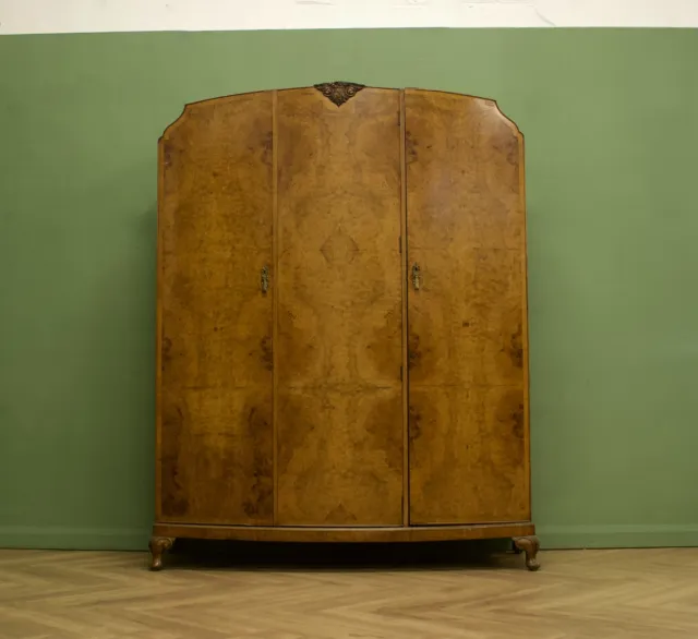 DELIVERY £100 Vintage Art Deco Burr Walnut Triple Door Wardrobe, 1930s