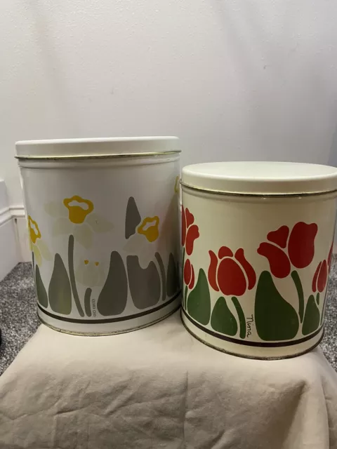 Vtg Nina Metal Canisters Nesting Storage Flowers Tulips Daffodils 1983 MCM