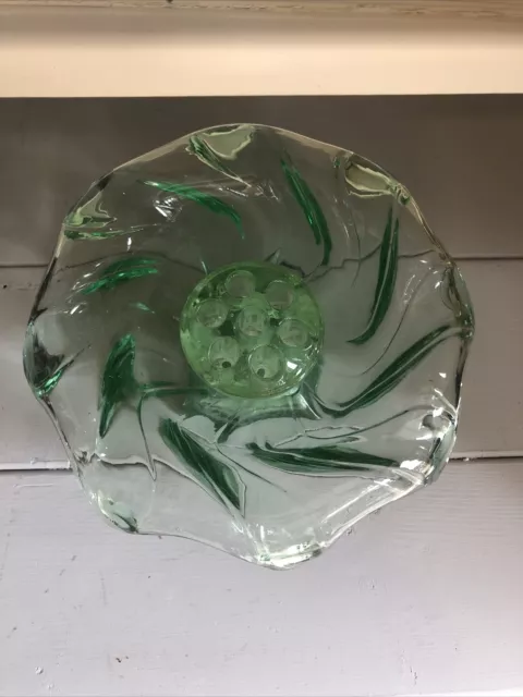 Vintage Art Deco Bagley Green Glass Equinox Posy/Rose Bowl Vase With Frog