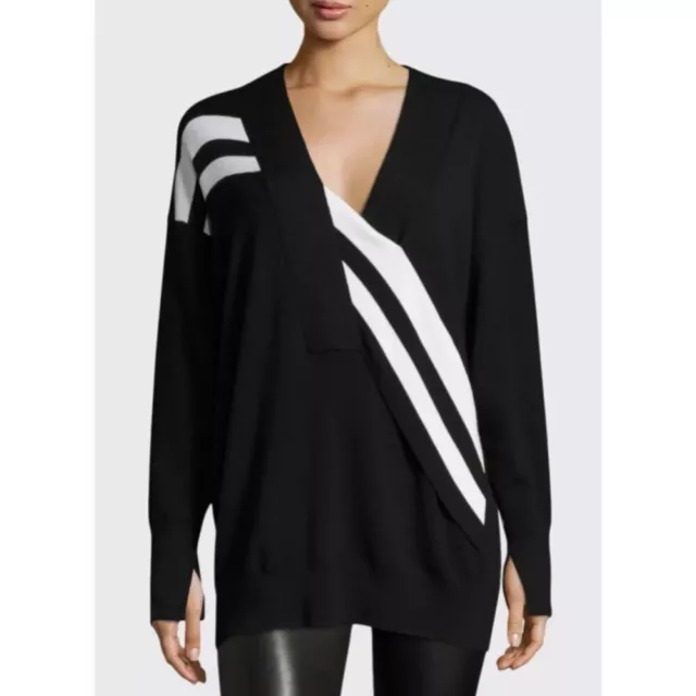 Rag & Bone Grace Striped Merino V-Neck Sweater in Black Size XXS